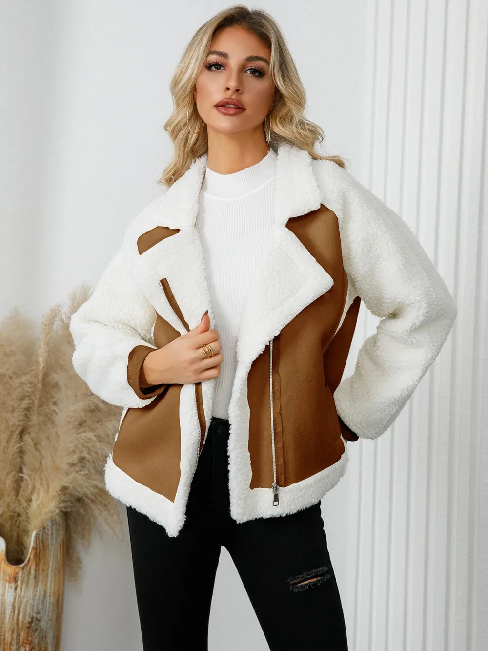 Veste zippée en laine d'agneau haut de gamme, en cuir denim et velours